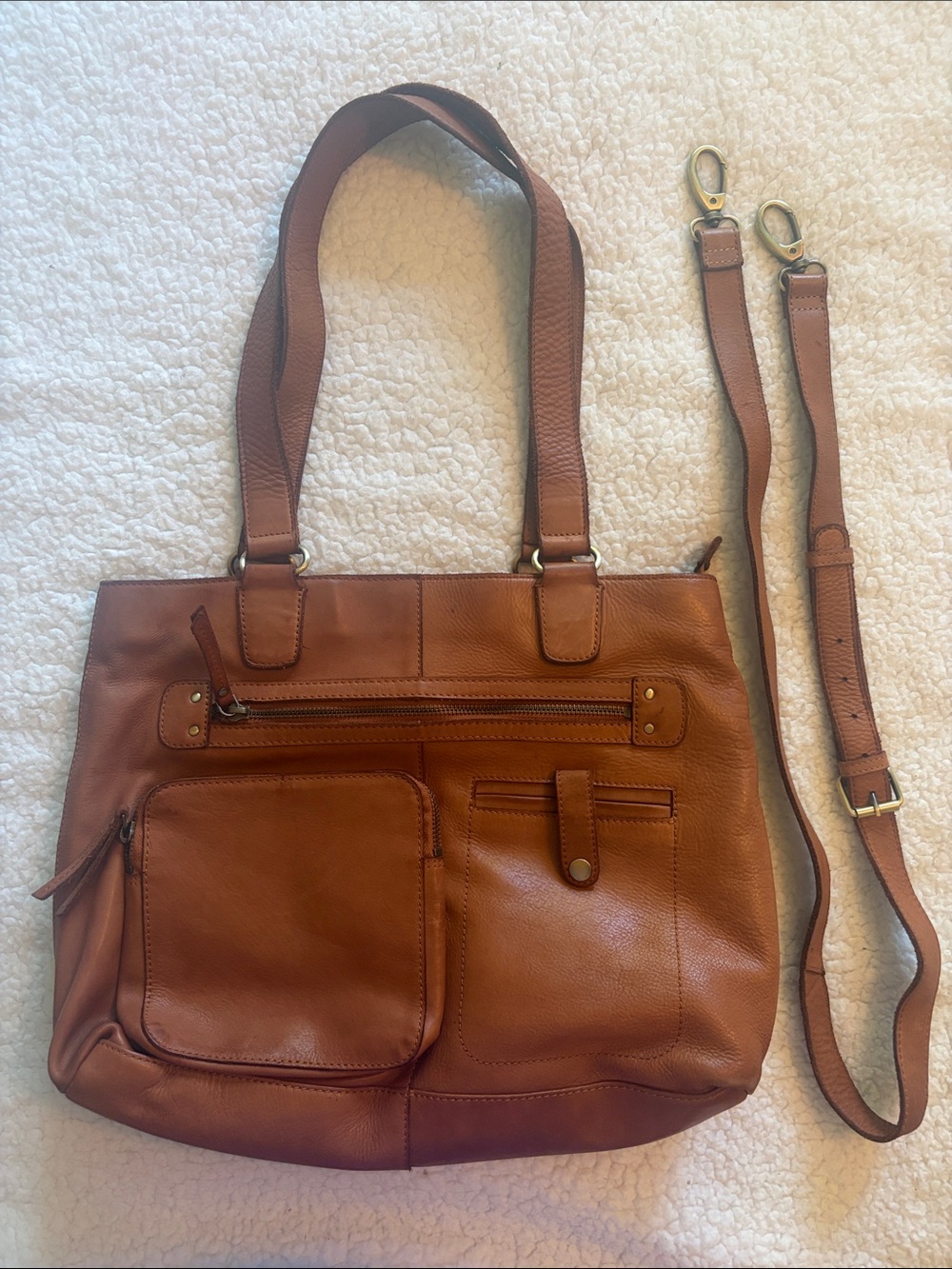 Classic Tan Genuine Leather Tote with Removable crossbody Strap by Marta Ponti